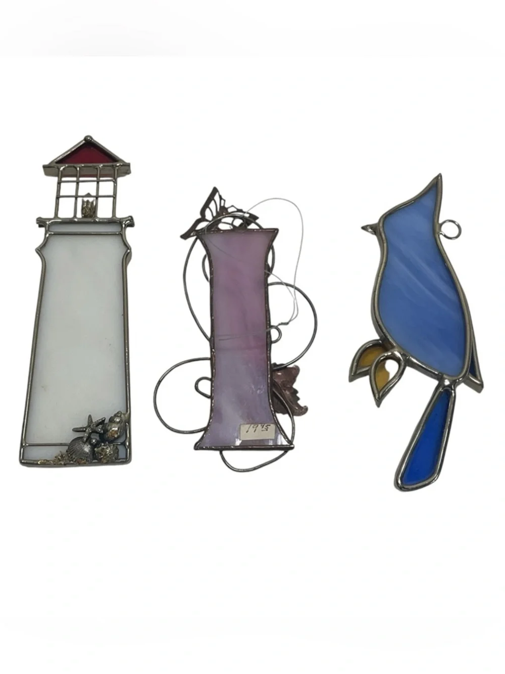 Lot of 3 Handcrafted Stained Glass Suncatchers Lighthouse Butterfly Floral Bird